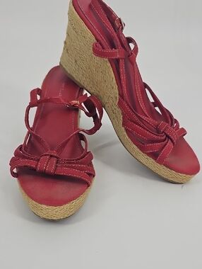 Montego Bay Club Red Braided-Strap Espadrille Wedge Sandals